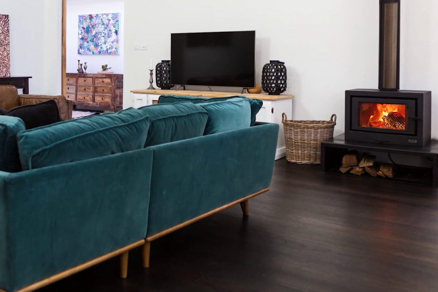 Cosy living room with a wood heater